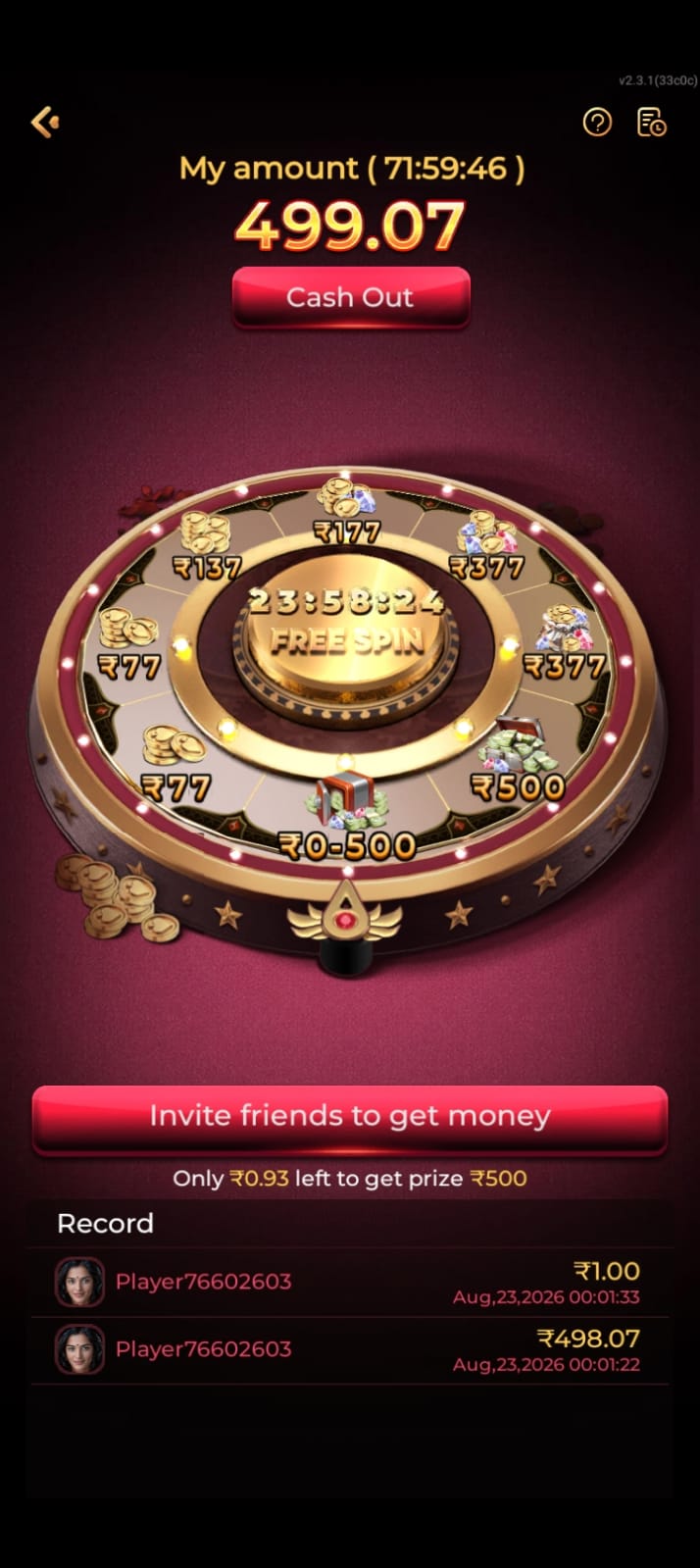 Max7 Game reward wheel showing different prize amounts and free spin option
