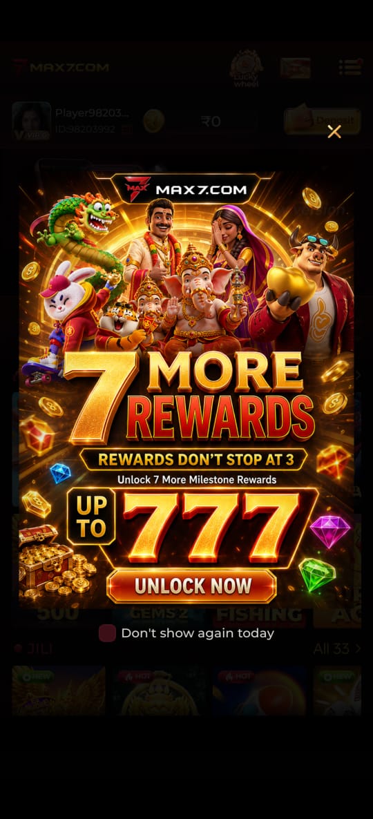 Max7 Game rewards banner showing 7 more milestone rewards and up to 777 bonus